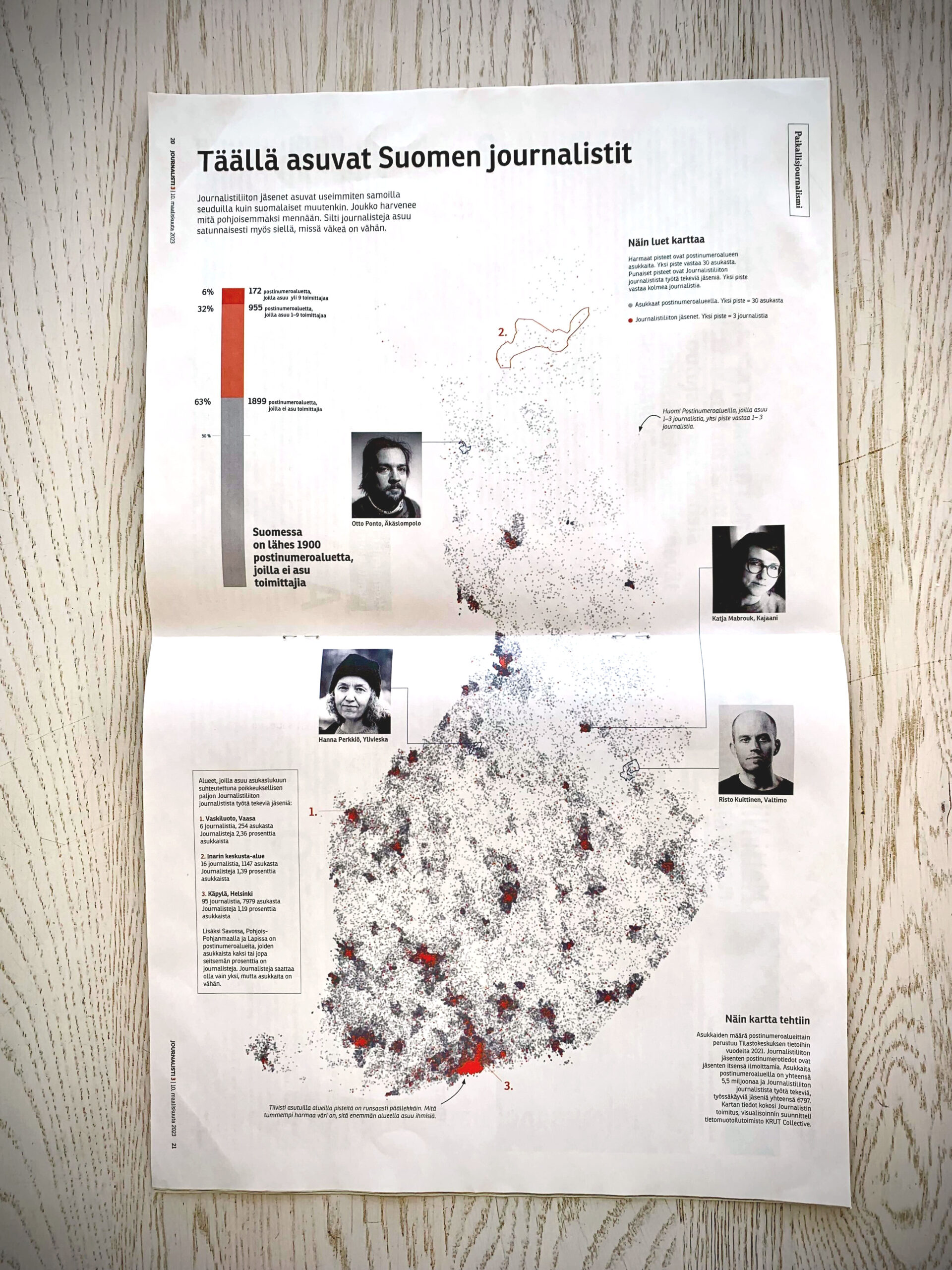 Missä asuvat Suomen journalistit? Kuva infografiikasta, joka on Journalistilehden keskiaukeamalla numerossa 3/2023.